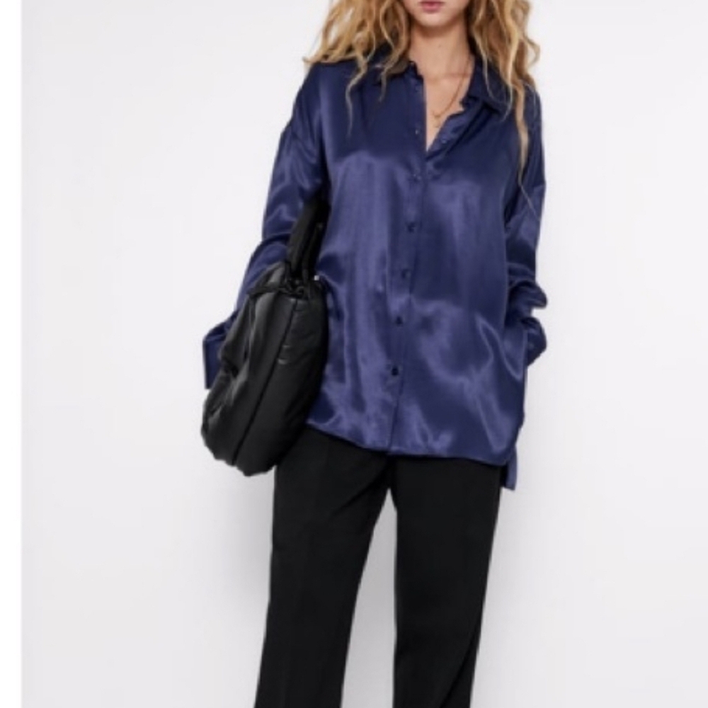 Zara Basic Collection Women's Satin Hidden Button-Down Navy Shirt, SMALL